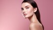 © Rudsaphon - Portrait of beautiful young woman with clean fresh skin on pink background.Generative Ai