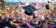 © CYBERUSS - Gradution Cap with Confetti Background, Graduation Day Concept. Generative Ai
