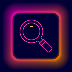 Sticker - Glowing neon line Magnifying glass icon isolated on black background. Search, focus, zoom, business symbol. Colorful outline concept. Vector