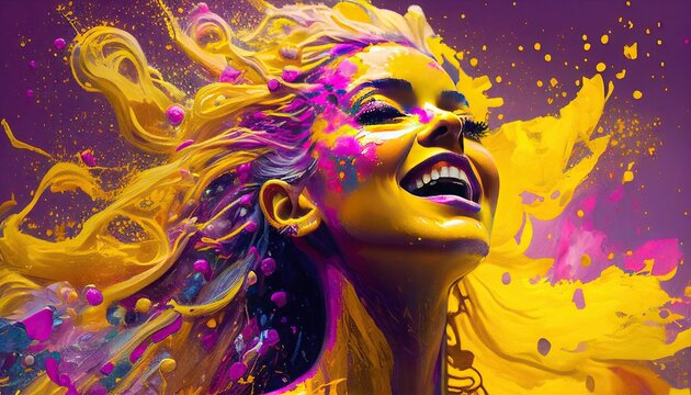 Wall Mural -  - Woman yellow and purple high-tension combination of energy, colorfulness and dynamism Abstract, Elegant and Modern AI-generated illustration Generative AI