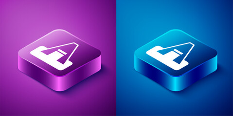 Poster - Isometric Tourist tent icon isolated on blue and purple background. Camping symbol. Square button. Vector