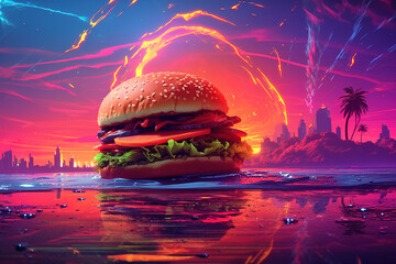 Wall Mural - Burger on a retro neon background Ai generated