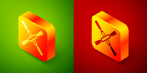 Poster - Isometric Oars or paddles boat icon isolated on green and red background. Square button. Vector