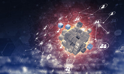 Wall Mural - concept of internet and networking with digital cube figure on dark background