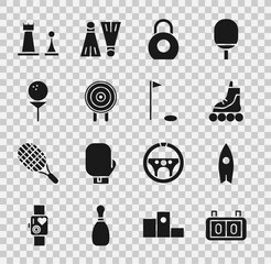 Sticker - Set Sport mechanical scoreboard, Surfboard, Roller skate, Kettlebell, Target sport, Golf ball on tee, Chess and flag icon. Vector