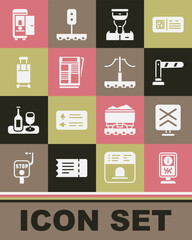 Sticker - Set Information stand, Railroad crossing, Railway barrier, Train conductor, News, Suitcase, Toilet the train car and icon. Vector