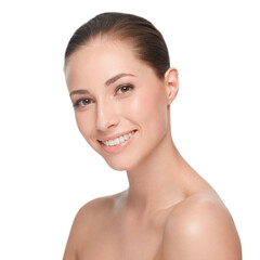 Poster - Portrait, beauty and woman with cosmetics, smile and girl isolated against a white studio background. Face, female person and model with self care, grooming routine and dermatology with healthy skin