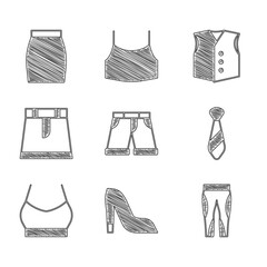 Sticker - Set Short or pants, Woman shoe, Leggings, Tie, Female crop top, Skirt, Waistcoat and icon. Vector