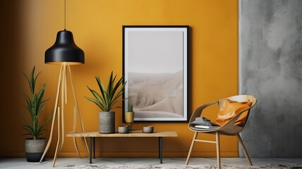 Wall Mural - 3d rendering of modern living room with white sofa, home desk in wall with decor. Generative Ai