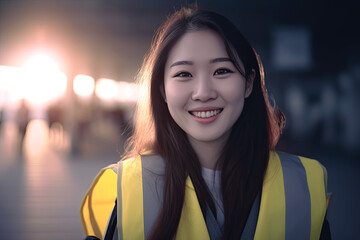 Asian Female industry worker engineers portrait with Airport background, Generative AI