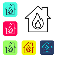 Sticker - Black line Fire in burning house icon isolated on white background. Set icons in color square buttons. Vector