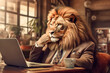 Portrait of a lion dressed in a business suit with glasses uses a laptop. Generative AI. 