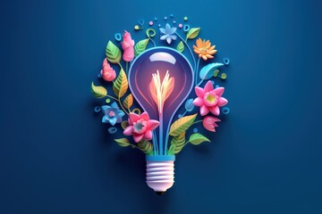 Wall Mural - Eco friendly lightbulb with flowers blue background, Renewable and sustainable energy. Generative AI