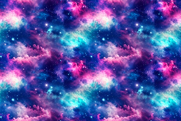 dark blue seamless pattern of a starry galaxy with clouds. generative ai illustration