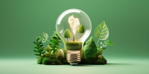eco friendly lightbulb with plants green background, renewable and sustainable energy. generative ai