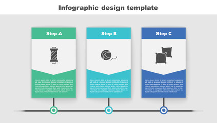 Sticker - Set Sewing thread on spool, Yarn ball and Textile fabric roll. Business infographic template. Vector