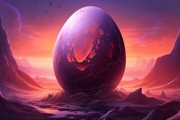 Wall Mural - A digital painting of an alien egg-shaped orb on an extraterrestrial planet - a fantasy illustration - Generative AI
