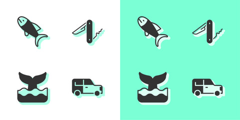 Wall Mural - Set Car, Fish, Whale tail and Swiss army knife icon. Vector