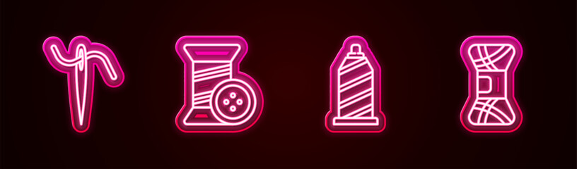 Poster - Set line Needle for sewing with thread, Sewing and button, and Yarn. Glowing neon icon. Vector