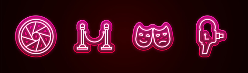 Sticker - Set line Camera shutter, Rope barrier, Comedy and tragedy masks and Retro cinema camera. Glowing neon icon. Vector