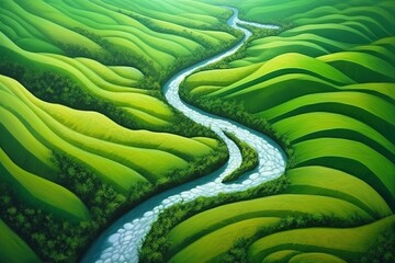 Wall Mural - a depiction of a river winding its way through a forested gorge Generative AI