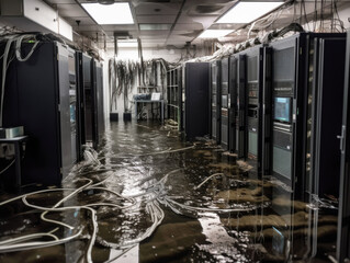 Server racks flooded server room in computer network security server room data center. Generative AI