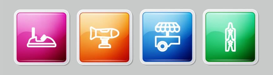 Sticker - Set line Bumper car, Swing plane, Fast street food cart and Circus ticket. Colorful square button. Vector