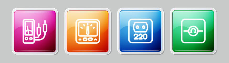 Sticker - Set line Ampere meter, multimeter, Electrical outlet and Ohmmeter. Colorful square button. Vector