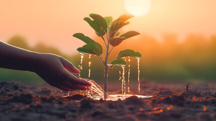 Wall Mural - close up two hands holding water and watering young tree to growing up in park in sunset.
