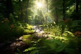 Fototapeta Natura - Summer Forest landscape illustration with run rays. AI Generative Art.