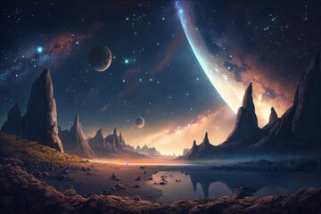 Wall Mural - landscape with galaxy background with fantasy night starry sky. distinct generative ai image.