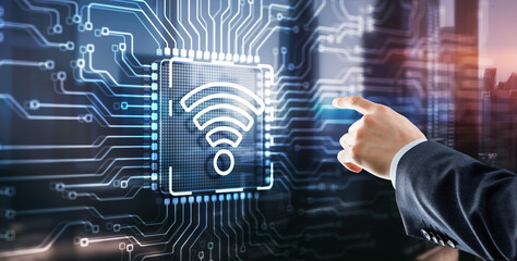 Wall Mural - man clicks on the logo wireless internet connection communication mobile technology concept