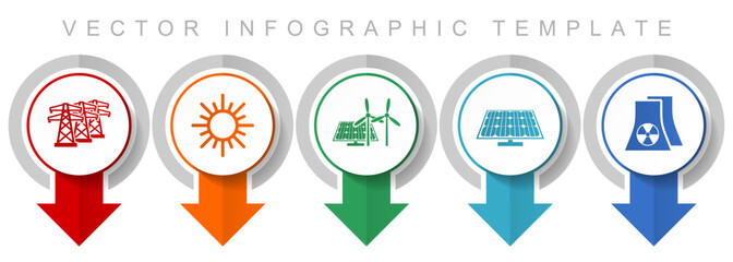 Fototapete - Renewable energy icon set, miscellaneous pointer icons such as power line, sun, solar panel and nuclear power plant for webdesign and mobile applications, modern design infographic vector template