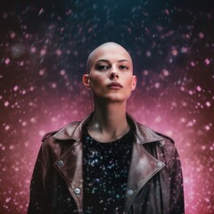 Canvas Print - A woman with a shaved head wearing a leather jacket. Generative AI image.