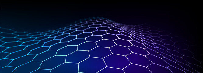 Fototapete - Abstract background of points and lines. Hexagon cyber structure. Big data stream. 3d vector illustration