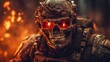 Sinister zombie scull soldier portrait with angry laughing on explosions fire background, ominous soldier zombie scull with red eyes, pure evil and hatred of dead military man, generative AI