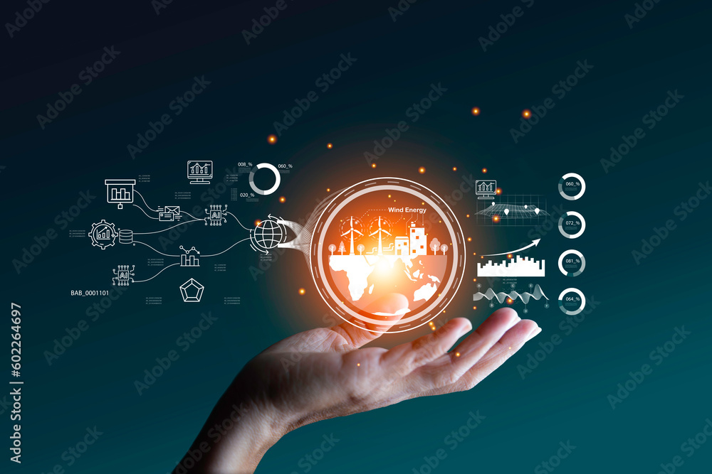 eco friendly energy. Innovation technology eco green concept. Icon wind energy sources for renewable on blur background. Concept with innovation inspiration. Idea innovative from the big data