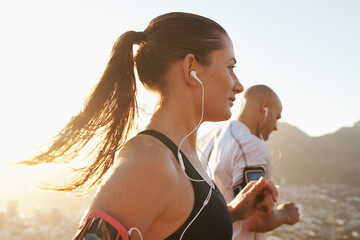 Poster - Streaming, fitness and running couple doing exercise or morning workout for health and wellness together. Sport, man and woman runner run with athlete while training and listening to sports music