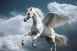 A white winged horse, flying in the clouds. Generative AI