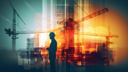 Wall Mural - illustration digital building construction engineering with double exposure graphic design. Building engineers, architect people, or construction workers working.