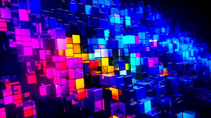 Canvas Print - Colorful abstract background with cubes of different colors and sizes on black background. Generative AI.