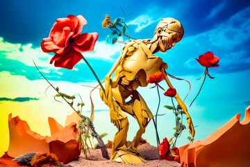 Skeleton in field of flowers with butterfly in the sky in the background. Generative AI.