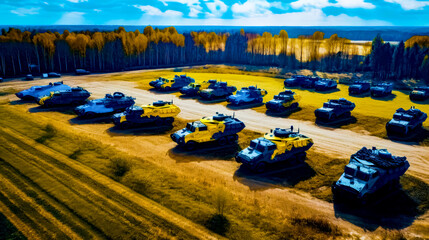 Bunch of tanks that are sitting in the middle of field with trees in the background. Generative AI.