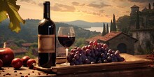Red Wine Bottle On Wooden Table: Vintage Alcoholic Drink For Celebration And Collection Blur Background. Generative AI Illustrations.