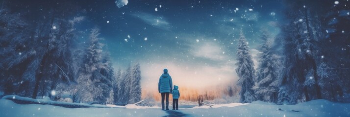 Wall Mural - A man and a child are standing in the snow. Generative AI image.