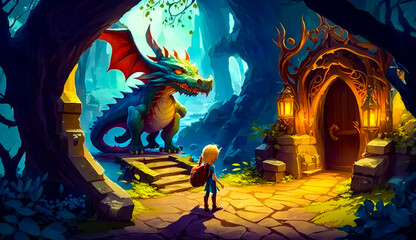 Wall Mural - Young boy standing in front of doorway with dragon on it. Generative AI.