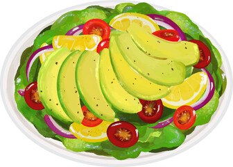 Wall Mural - Vector drawing, avocado salad, vegetable, salad, tomato, lemon, onion, health, avocado, Salad vector