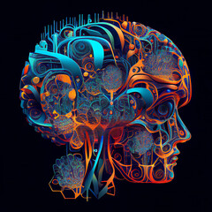 Wall Mural - neural network of big data and artificial intelligence circuit board in the face of a female orange 