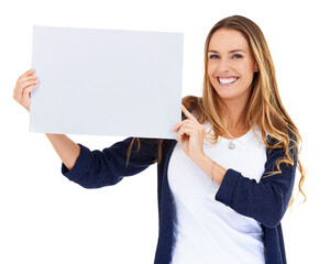 Sticker - Poster mockup, portrait and happy woman isolated on white background for creative presentation or promo space. Face of person with board, empty paper or sign for announcement, news and studio mock up