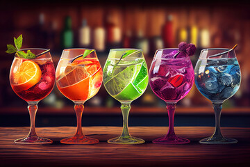 Five colorful gin tonic cocktails in wine glasses on bar counter in pup or restaurant. Generative Ai